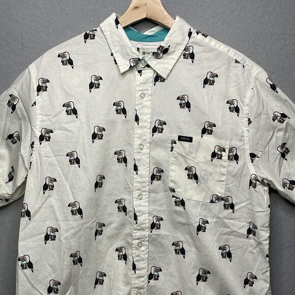 Matix Mens Toucan Beer Print Short Sleeve Button-Up Shirt L Ivory White - Picture 2 of 6